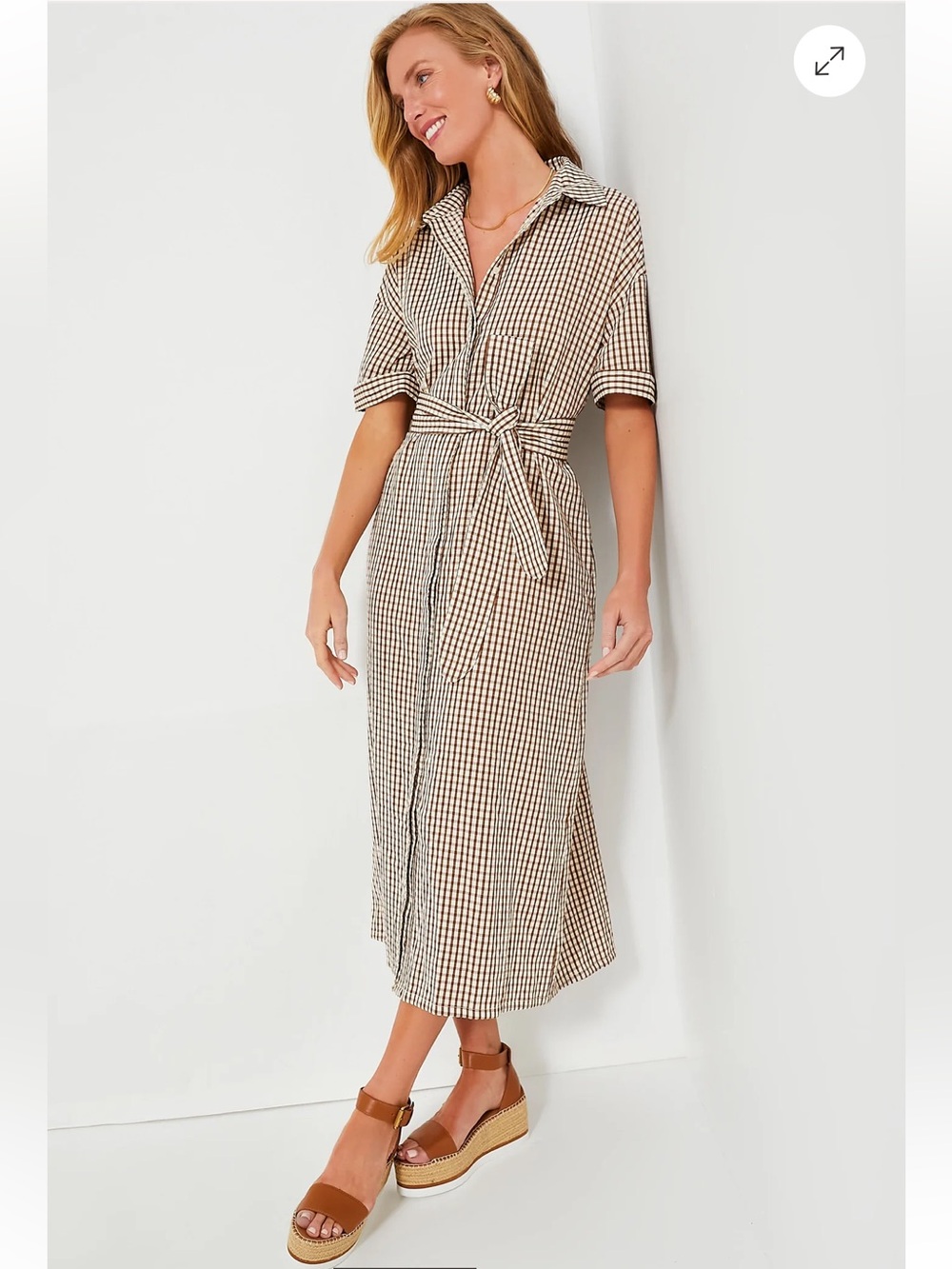 Tuckernuck Pomander Place Brown and Cream Gingham Seersucker Maxi Shirt Dress S - Picture 10 of 12